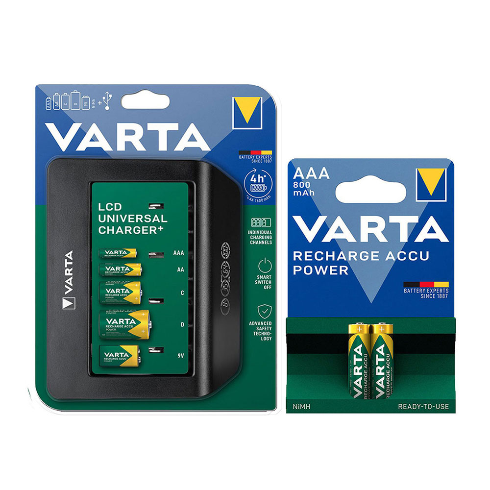 شارژر باتری وارتا مدل Varta LCD Universal plus + باتری نیم قلمی شارژی 800mAh