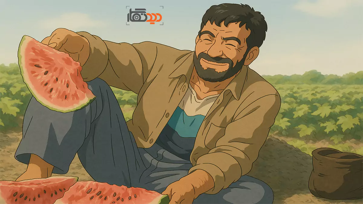 عکس و میم هندونه خوردن و خندیدن مرد قومی در استایل گیبلی